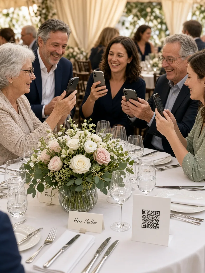 Hochzeitsgäste fotografieren am festlich gedeckten Tisch